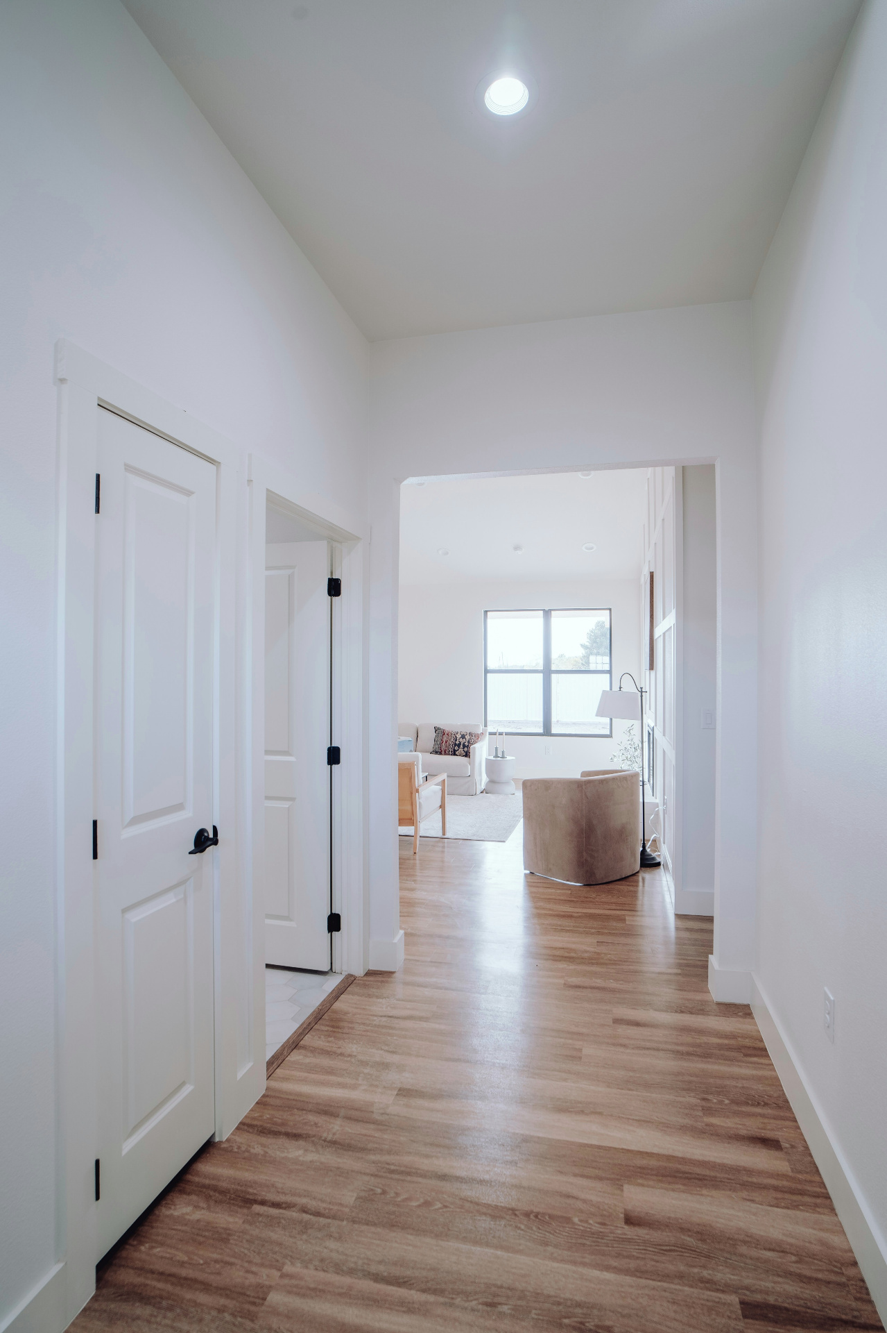 Bright hallway opening into a sunlit living room
