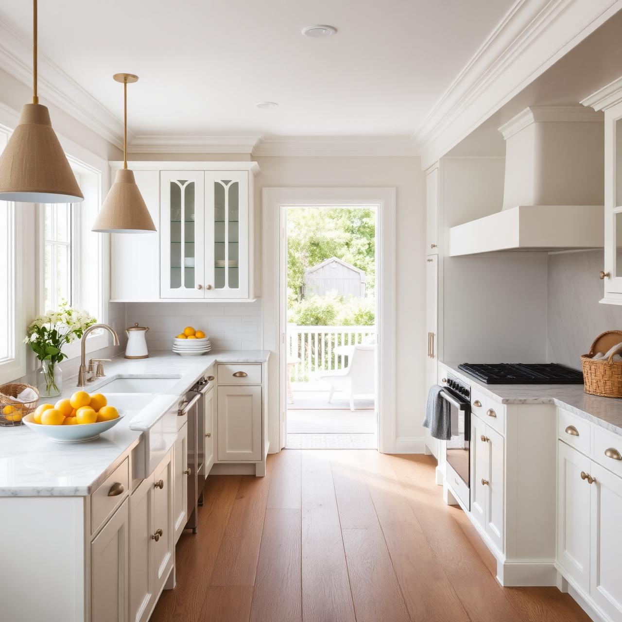 Modern white kitchen with stainless appliances and marble island