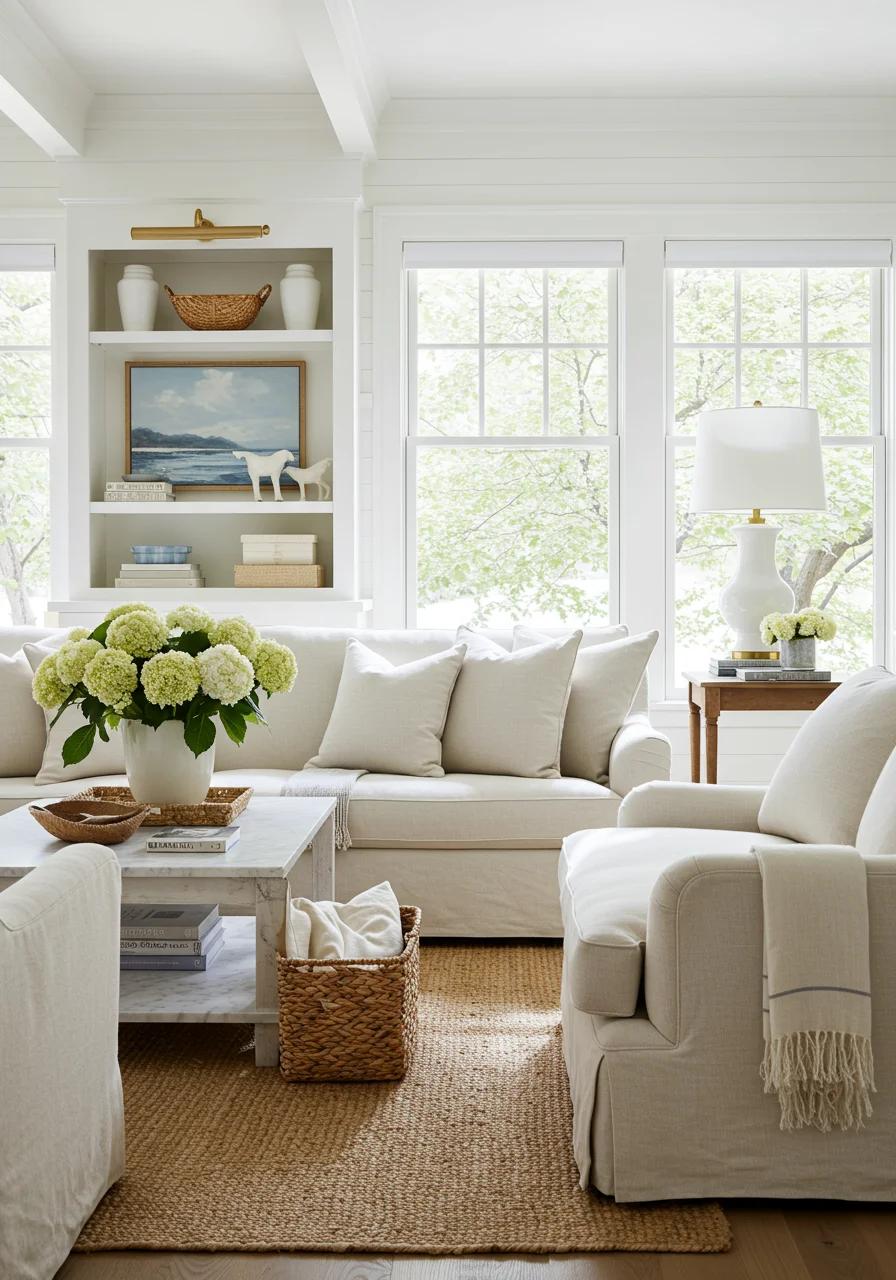 Elegant living room with linen sofas and natural light